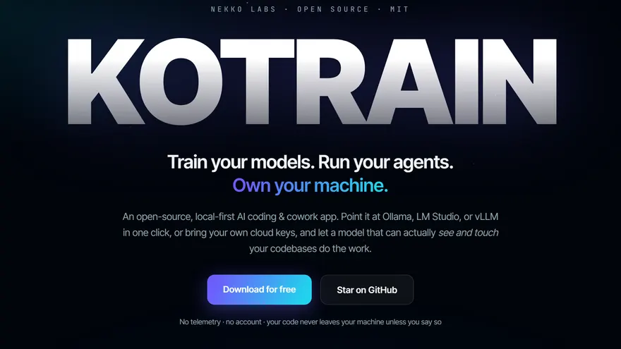 Kotrain’s site: “Train your models. Run your agents. Own your machine.”