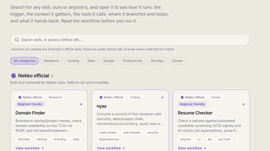 The skills catalog on Vaizer: searchable cards for Domain Finder, nyaa and Resume Checker