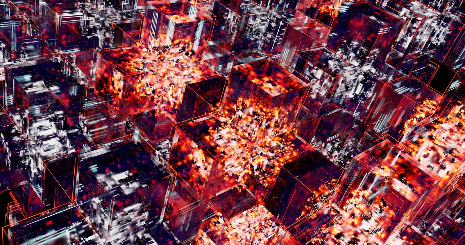 Abstract 3D render of glowing data blocks connected in a dense grid